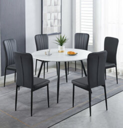 Hallowood Furniture Cullompton Large Round Dining Table 120Cm, White Marble Effect Top, With 6 Black Faux Leather High Back Chairs - thumbnail 1