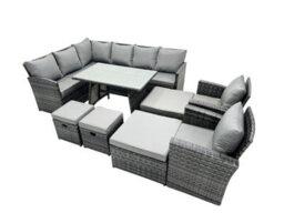 Fimous 12 Seat Poly Rattan Outdoor Patio Oblong Dining Table Corner Sofa Set With 4 Stool 2 Chairs For Backyard Dark Grey Mixed - thumbnail 2