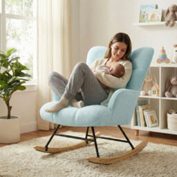Alivio Blue Teddy Sherpa Rocking Armchair, Upholstered Nursery Rocker Chair With High Back & Wooden Legs For Bedroom, Living Room - thumbnail 3
