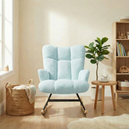 Alivio Blue Teddy Sherpa Rocking Armchair, Upholstered Nursery Rocker Chair With High Back & Wooden Legs For Bedroom, Living Room - thumbnail 2