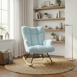 Alivio Blue Teddy Sherpa Rocking Armchair, Upholstered Nursery Rocker Chair With High Back & Wooden Legs For Bedroom, Living Room - thumbnail 4