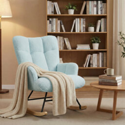Alivio Blue Teddy Sherpa Rocking Armchair, Upholstered Nursery Rocker Chair With High Back & Wooden Legs For Bedroom, Living Room - thumbnail 1
