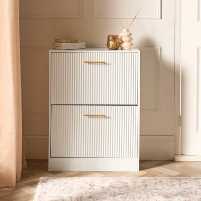 Ohs Ribbed 2-Drawer Shoe Cabinet Flip Down Hallway Storage Unit - White - image 1