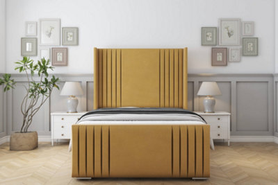 "Sloomy Camden Mustard Plush Bed Frame With Mattress With 50""  Upholstered Wingback Headboard 4'6 Double" - image 1