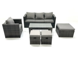 Fimous Rattan Garden Furniture Set Outdoor Lounger Sofa With Coffee Table Armchair 3 Footstools Dark Grey Mixed - thumbnail 2