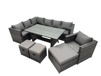 Fimous Outdoor Pe Rattan Sofa Set With Dining Table Patio Garden Furniture Sets With Chair 3 Stool Dark Grey Mixed - image 1