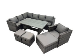 Fimous Outdoor Pe Rattan Sofa Set With Dining Table Patio Garden Furniture Sets With Chair 3 Stool Dark Grey Mixed - thumbnail 1