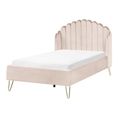 Beliani Bed Fabric Ambillou 120 X 200 Cm (Eu Small Double) Light Beige - image 1