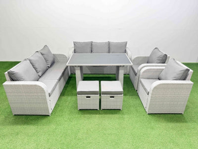 Fimous 10 Seater Outdoor Dining Table 3 Seater Sofa Reclining Chair Set With 2 Small Stools Light Grey - image 1