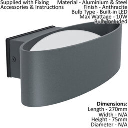 Stylish Ip44 Outdoor Wall Light In Anthracite Aluminium And Steel With 10W Built-In Led - thumbnail 2