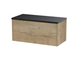 Nuie Hudson Reed Juno Wall Hung 1-Drawer Vanity Unit & Black Worktop, Stylish Countertop Basin Unit In Autumn Oak, 800mm