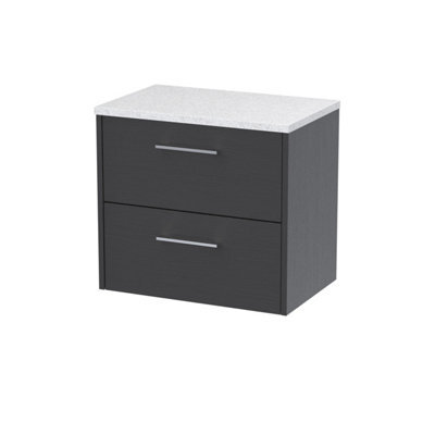 Nuie Hudson Reed Juno Wall Hung 2-Drawer Vanity Unit & Sparkling Whiteworktop, Countertop Basin Unit In Graphite Grey Woodgrain, 600mm - image 1