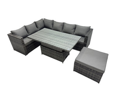 Fimous 7-Seater Height Adjustable Rising Lifting Table Corner Sofa Set Rattan Garden Furniture Set With Big Stool Dark Grey Mixed - image 1