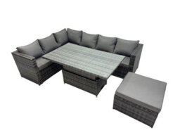 Fimous 7-Seater Height Adjustable Rising Lifting Table Corner Sofa Set Rattan Garden Furniture Set With Big Stool Dark Grey Mixed - thumbnail 1