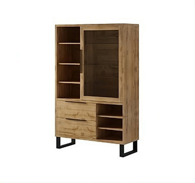 Arte Halle 13 Tall Display Cabinet W1200mm H1900mm D450mm - Oak Wotan, Glass Shelves & Drawers - image 1