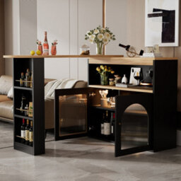 Btm Extendable Kitchen Island Table 138-193X39X105Cm Storage Bar Bistro Swivel Dining Table Led Strip Adjustable Light Black - thumbnail 2