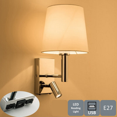 Harper Living Wall Light With Switch, Adjustable Led Reading Light And Usb Port, Polished Chrome Finish, White Fabric Shade - image 1