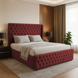 Adore Designs Chesterfield Winged Plush Velvet Sleigh Bed, With Footboard - 3Ft Single - Burgundy - thumbnail 1