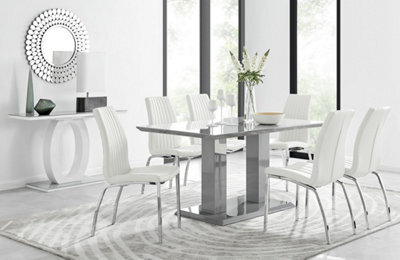 Furniturebox Imperia Grey High Gloss 6 Seater Dining Table With Structural 2 Plinth Column Legs 6 White Stitched Faux Leather Isco Chairs - image 1