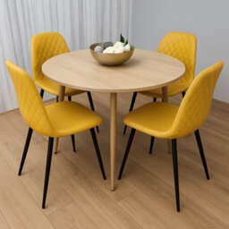 Kosy Koala Modern Round Dining Table Set With 4 Mustard Faux Leather Chairs Dining Room Furniture