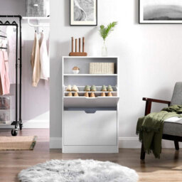 Songmics Vasagle Shoe Storage Cabinet, 2 Flip-Open Doors, Adjustable Divider, 3 Levels, Holds 8-12 Shoes, With Open Shelf, White - thumbnail 1