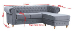 Windsor Chesterfield Style Grey French Velvet Fabric Corner Sofa (Right Hand Corner) - thumbnail 3