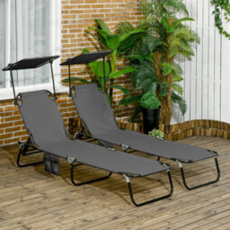 Outsunny 2 Piece Folding Sun Loungers With Adjustable Backrest, Dark Grey - thumbnail 1