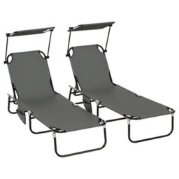 Outsunny 2 Piece Folding Sun Loungers With Adjustable Backrest, Dark Grey - thumbnail 2
