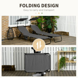 Outsunny 2 Piece Folding Sun Loungers With Adjustable Backrest, Dark Grey - thumbnail 6