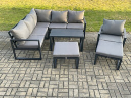 Fimous Aluminium Outdoor Garden Furniture Set Lounge Sofa Oblong Coffee Table Sets With Chair 2 Big Footstools Conservatory Set - thumbnail 2