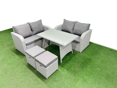 Fimous 6 Seater Outdoor Love Sofa Set Rattan Garden Furniture Set With Rectangular Dining Table 2 Small Footstool Light Grey - image 1