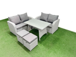 Fimous 6 Seater Outdoor Love Sofa Set Rattan Garden Furniture Set With Rectangular Dining Table 2 Small Footstool Light Grey - thumbnail 1