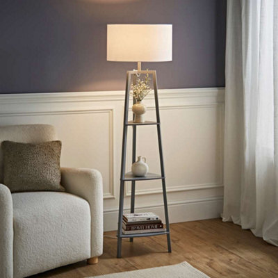 Valuelights Hiru Grey 3 Tier Shelf Floor Lamp With White Drum Shade - image 1