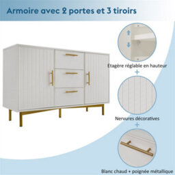 Abrihome Sideboard Cabinet For Living Room, Chest Of Drawers With With 2 Doors And 3 Drawers, Adjustable Shelf, White, 40D X 120W X 75H Cm - thumbnail 3