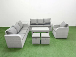 Fimous 9 Seater Poly Rattan Outdoor Garden Furniture Oblong Coffee Table Sofa Set Reclining Chair Stools Side Table Light Grey - thumbnail 2
