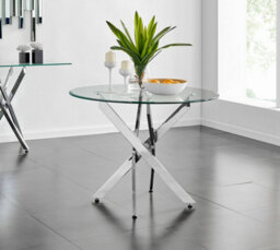 Furniturebox Novara 100Cm 2 4 Seater Round Glass Dining Table With Silver Chrome Metal Angled Starburst Legs For Modern Dining Room