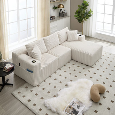 Matteo Modular L-Shaped Sectional Sofa With Cup Holders & Storage - Beige Corduroy - image 1
