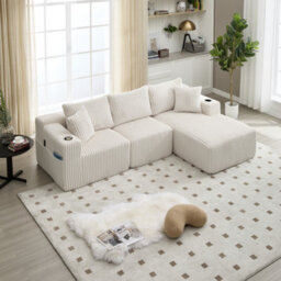 Matteo Modular L-Shaped Sectional Sofa With Cup Holders & Storage - Beige Corduroy - thumbnail 7