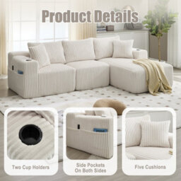 Matteo Modular L-Shaped Sectional Sofa With Cup Holders & Storage - Beige Corduroy - thumbnail 3