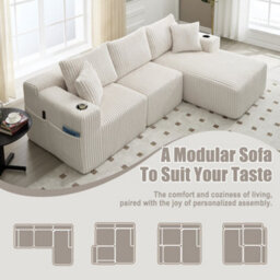 Matteo Modular L-Shaped Sectional Sofa With Cup Holders & Storage - Beige Corduroy - thumbnail 2
