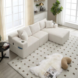 Matteo Modular L-Shaped Sectional Sofa With Cup Holders & Storage - Beige Corduroy - thumbnail 1