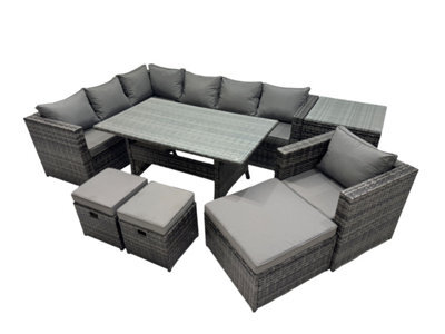 Fimous Outdoor Pe Rattan Sofa Set With Dining Table Patio Garden Furniture Sets With Chair 3 Stool Side Table Dark Grey Mixed - image 1