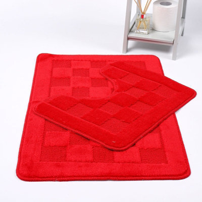Homes & Linen Bath Mat & Pedestal Set 2 Piece Squares Red Non Slip Bathroom Toilet Rug Bath Mats Set