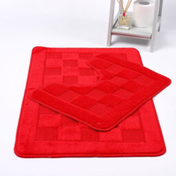 Homes & Linen Bath Mat & Pedestal Set 2 Piece Squares Red Non Slip Bathroom Toilet Rug Bath Mats Set