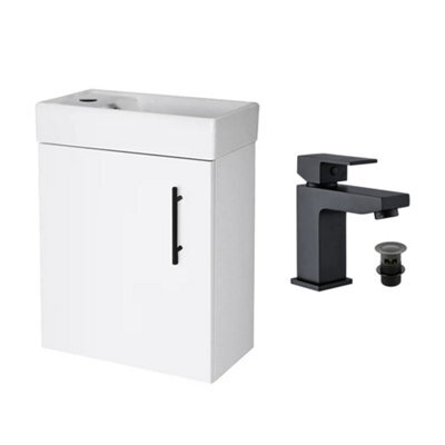 FNX Bathrooms Gloss White 400 Wall Hung Basin Sink Vanity Unit & Matt Black Form Basin Tap & Handle - image 1