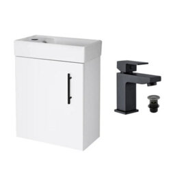 FNX Bathrooms Gloss White 400 Wall Hung Basin Sink Vanity Unit & Matt Black Form Basin Tap & Handle - thumbnail 1