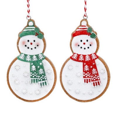 Gisela Graham Christmas Set Of 2 Gingerbread Snowmen Hanging Tree Decorations, 8 X 4.5 Cm