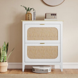 Homcom Boho Slim Shoe Cabinet With Rattan Doors, Holds 14 Pairs, White - thumbnail 9