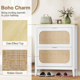 Homcom Boho Slim Shoe Cabinet With Rattan Doors, Holds 14 Pairs, White - thumbnail 4
