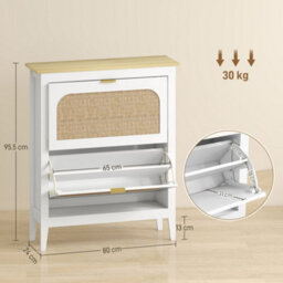 Homcom Boho Slim Shoe Cabinet With Rattan Doors, Holds 14 Pairs, White - thumbnail 3